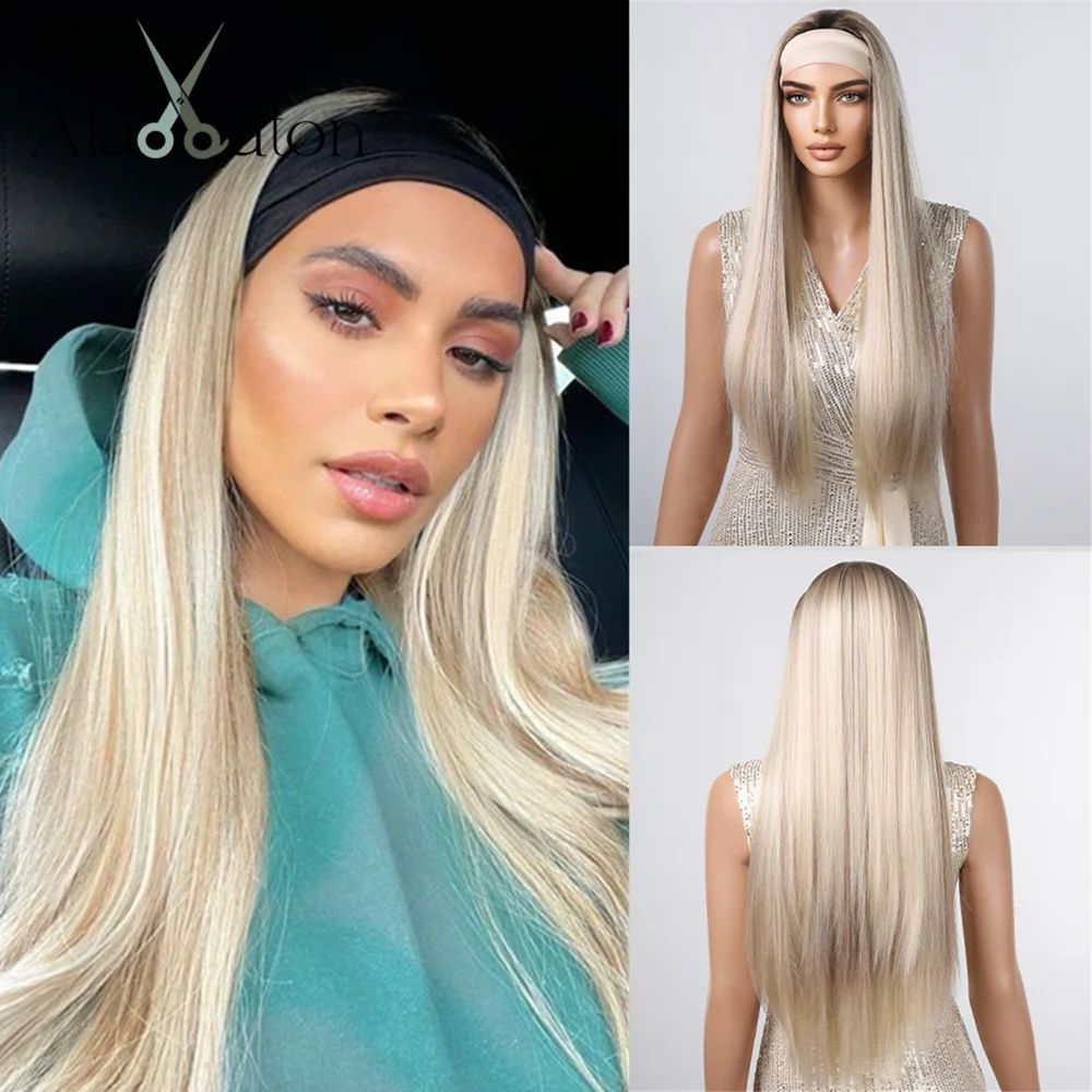 ALAN EATON Long Blonde Synthetic Headband Wig Ombre Blonde Straight Hair Wigs Natural Looking Heat Resistant Fiber for Daily Use