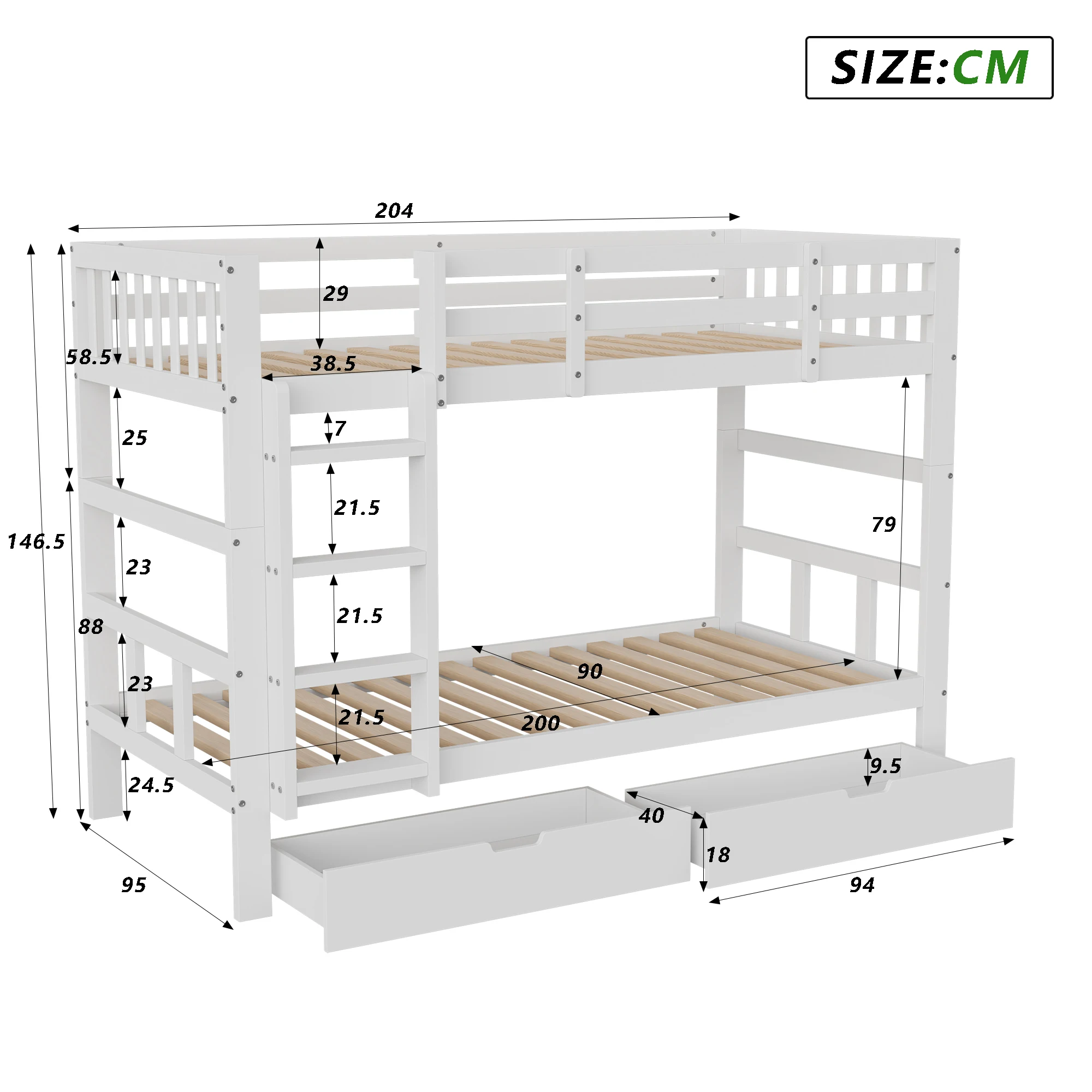 Łóżko piętrowe Lazyspace, białe, z litego drewna, dla dzieci, ze schodami, szufladami, zabezpieczeniem przed upadkiem i ramą listwową, 90x200 cm