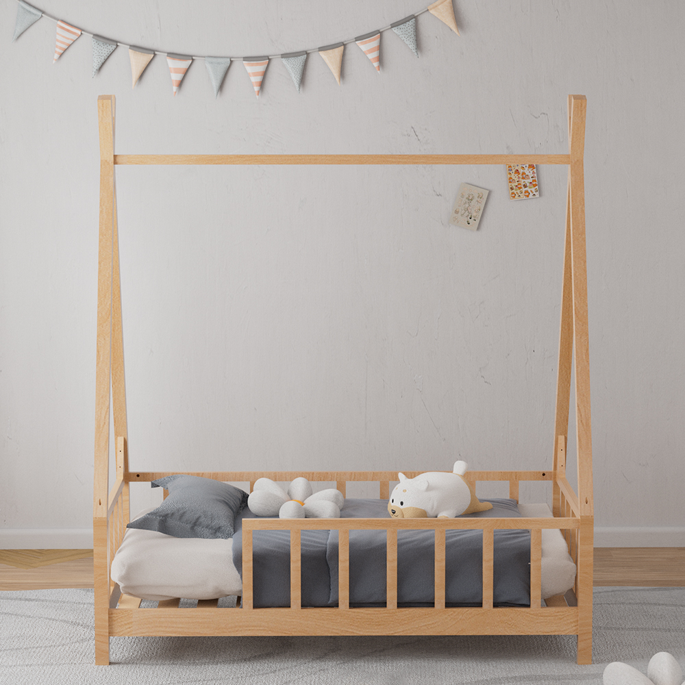Kid's Premium Pine Wood House Bed Frame with Fence,148cm W x 76cm D x 168cm H