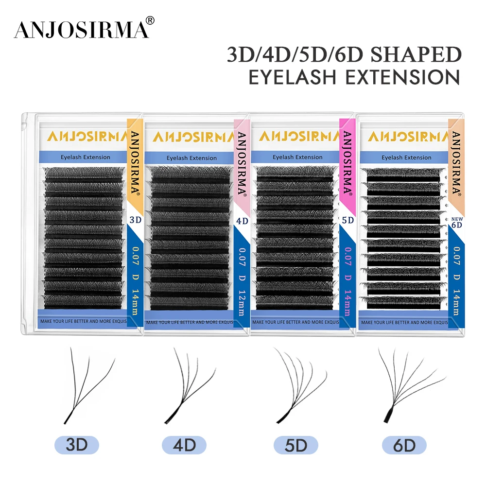 ANJOSIRMA 3D 4D 5D 6D W extensión de pestañas en forma de pestañas postizas profesionales suaves naturales, volumen prefabricado de ventiladores, rizo C/D/DD