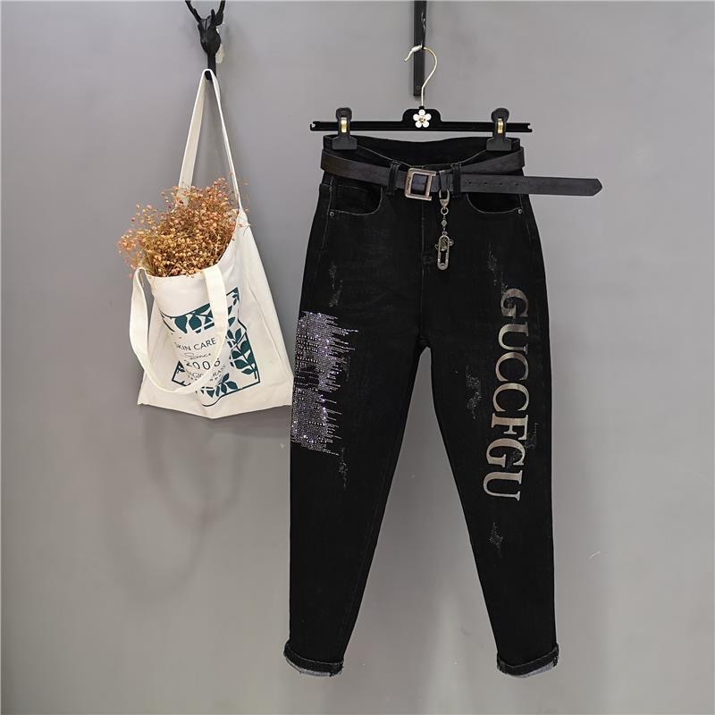 Wiosna Jesień Streetwear Damskie Spodnie Ołówkowe 5XL Vintage Niebieskie Slim Diamonds Dżinsy z wysokim stanem do kostek Casualowe spodnie jeansowe