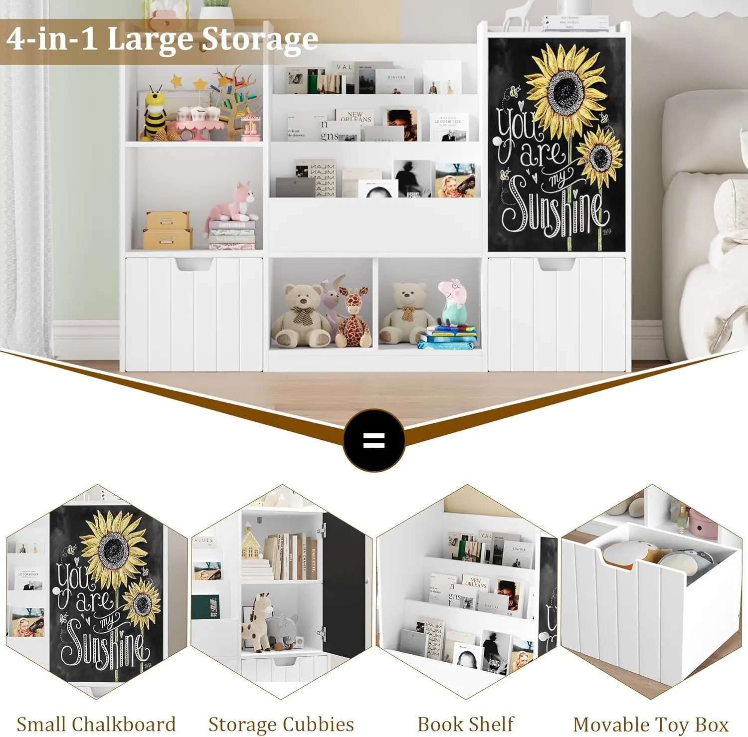 Toy Storage Organizer, 55.1” Large Toy Organizer and Storage with Chalkboard, Kids Bookshelf and Bookcase with 2 Movab