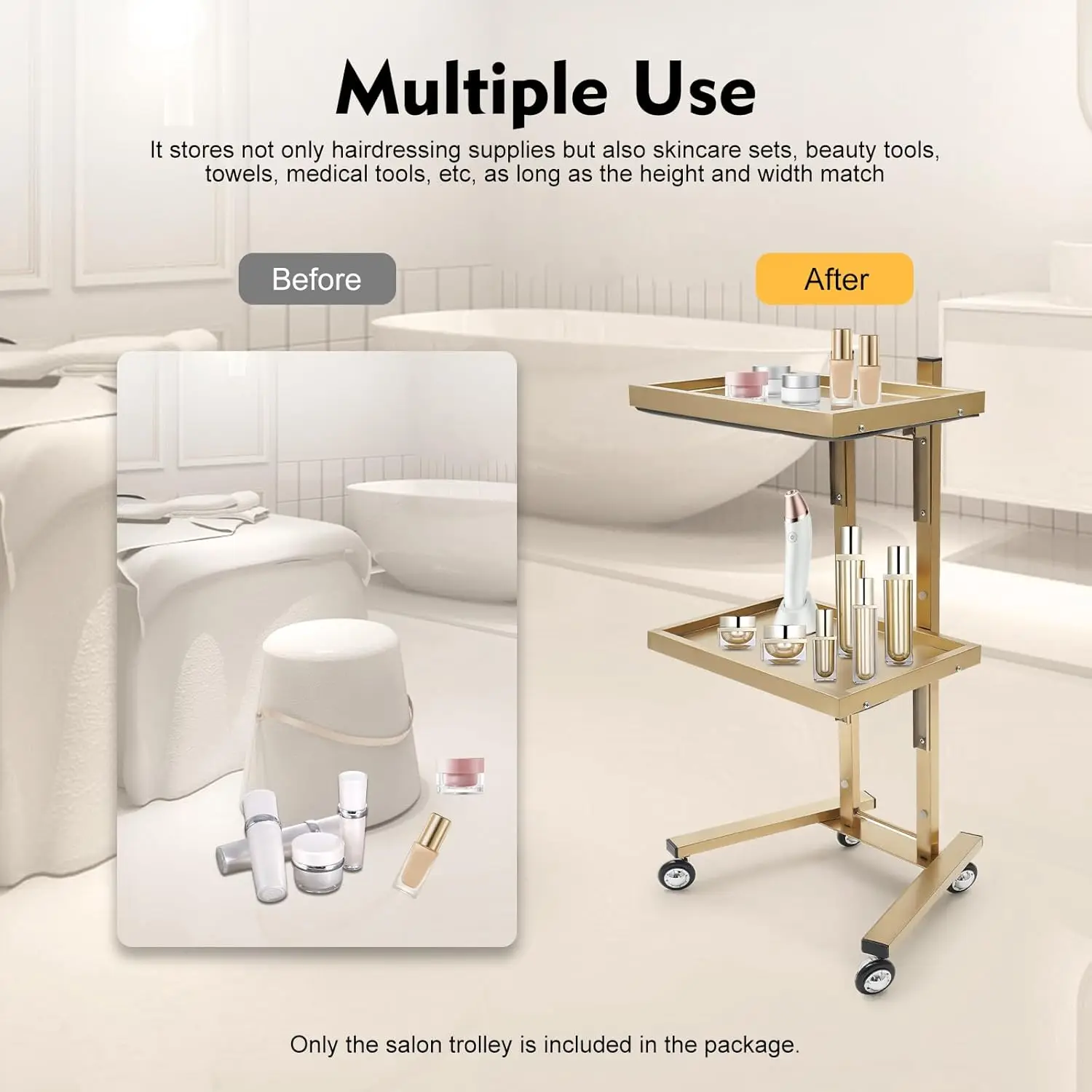 2 Tier Metal Rolling Cart, Salon Tray on Wheels, Folding Salon Tray Trolley, Esthetician Cart for Salon Studios Shop