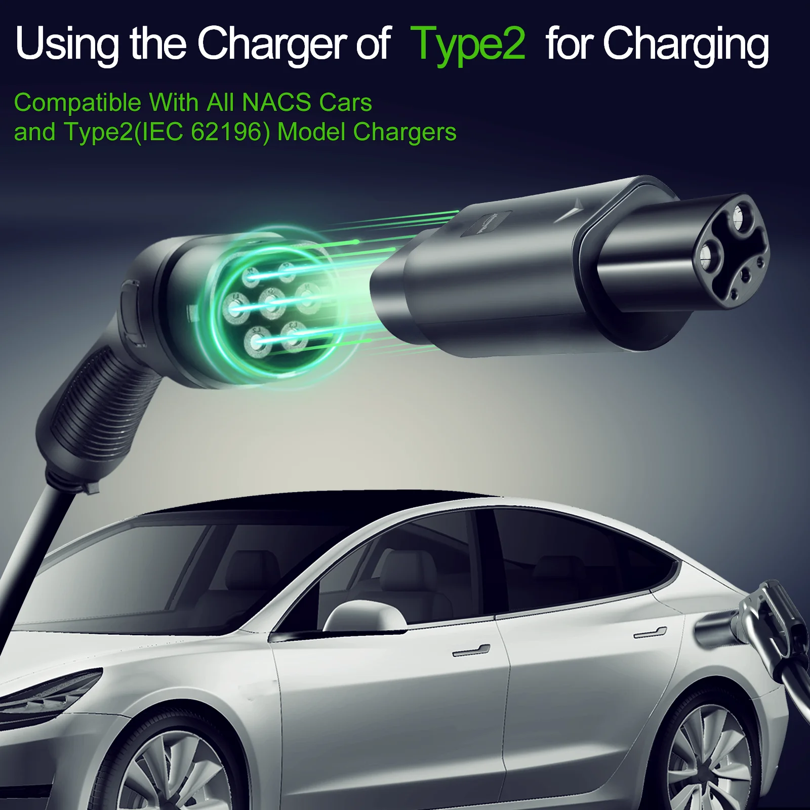 Type2 - Tesla アダプター AC 7.2KW Tesla Model S/X/3 に適合 Type2 EV 充電器と互換性あり (Tesla Type2 充電器には適合しません)
