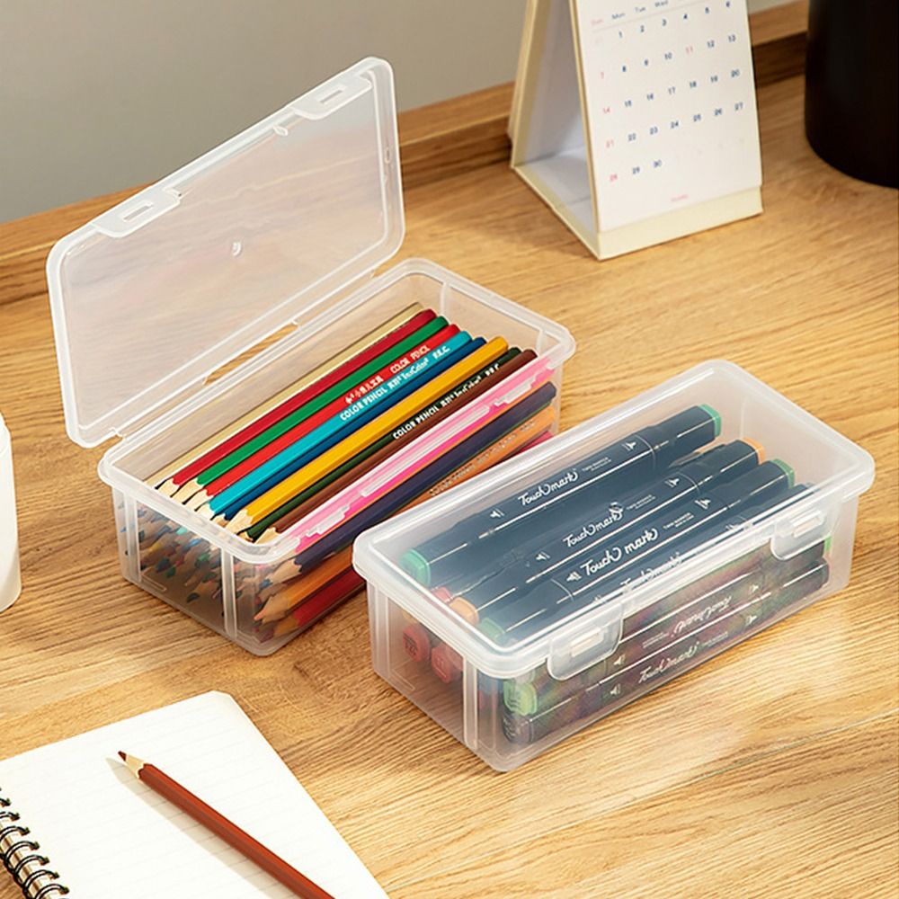 Large Capacity Storage Box Transparent Plastic Stationery Case Portable Pencil Case Office Stationary Supplies Desktop Organizer