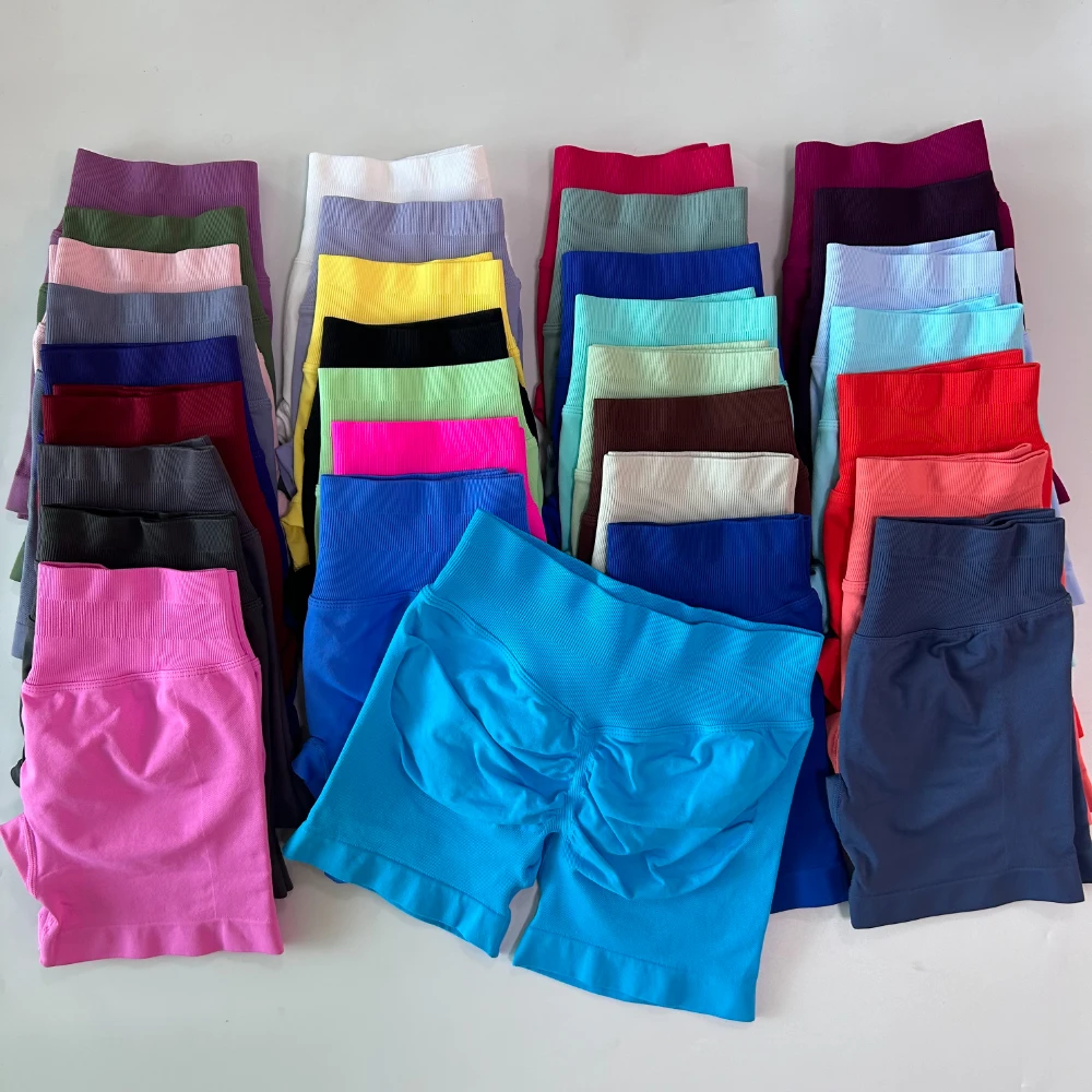 Pantalones cortos sin logotipo, pantalones cortos de Yoga con banda baja acanalada, pantalones cortos de gimnasio sin costuras para entrenamiento, pantalones cortos elásticos para correr, ropa de Fitness