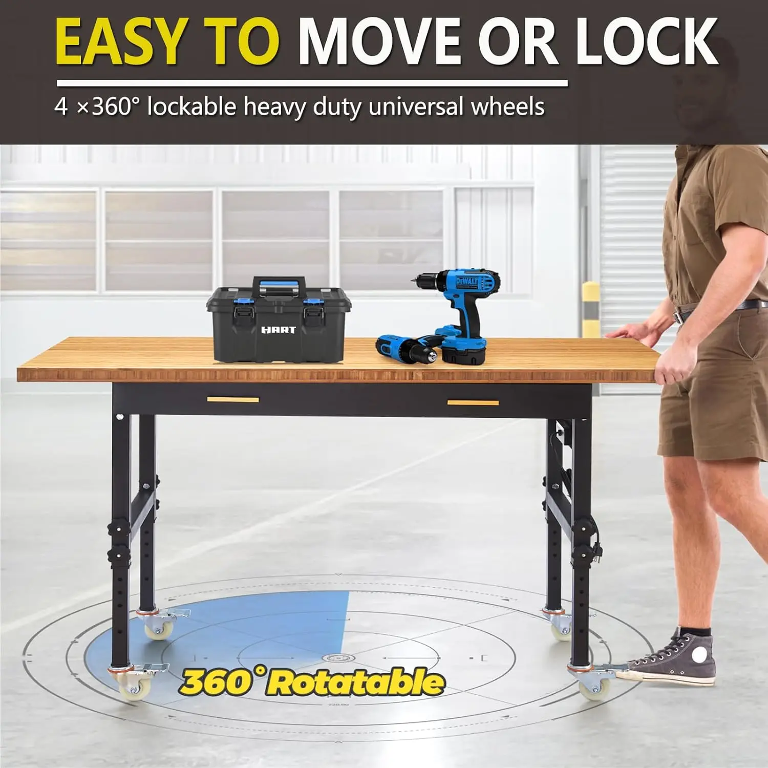 Adjustable Work Bench with Drawers Wheels Power Outlet 2700 LBS Load Capacity 59.8" Heavy Duty Work Bench, Bamboo Wood Desktop
