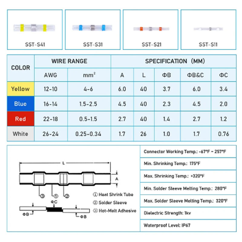 솔더 도장 와이어 커넥터, 열 수축 버트 절연 커넥터 키트, 자동차 마린 튜브, termorettil, 100 개