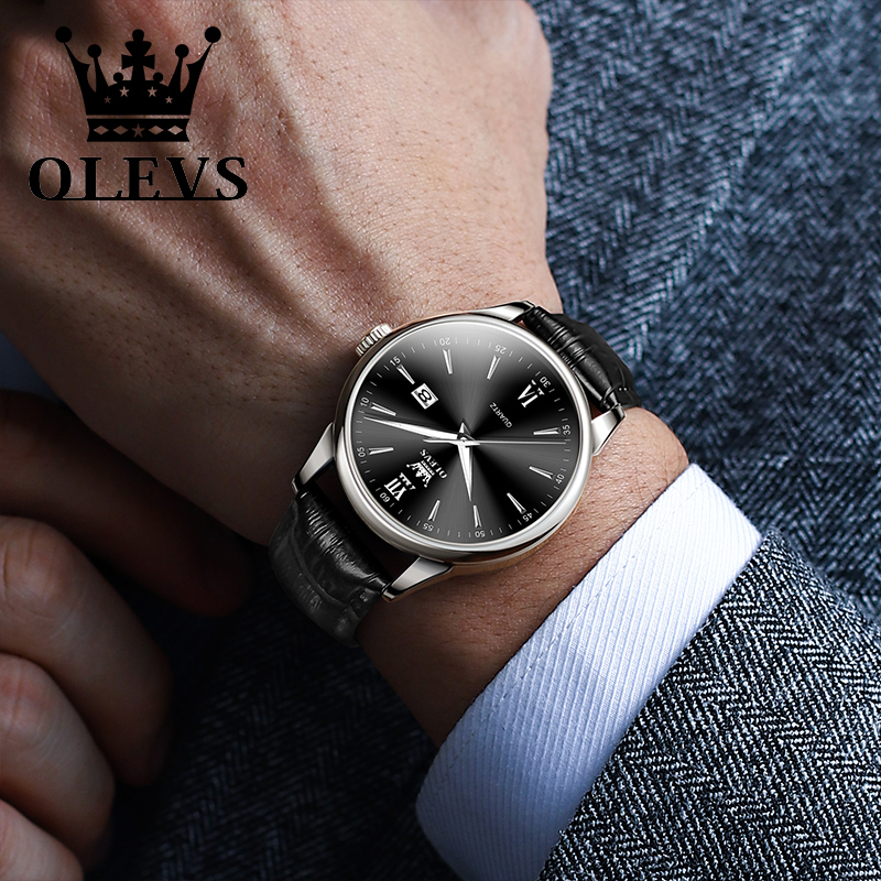 OLEVS 高級ビジネスクォーツ時計男性用レザーストラップオリジナルカジュアル防水男の腕時計高品質メンズ腕時計