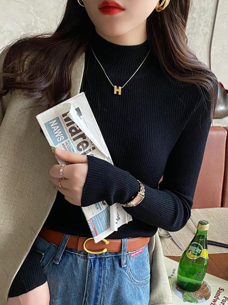 Otoño Invierno suéter de mujer con cuello simulado Vintage básico sólido tejido coreano Tops Casual Jersey ajustado suéteres simples y elegantes