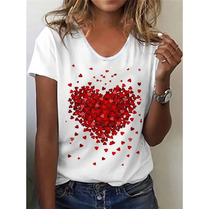Camicetta a maniche corte con scollo a v e stampa d'amore rossa da donna in seta di latte 1PC