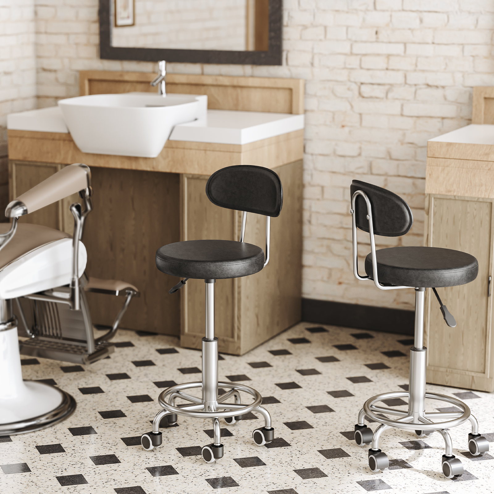 HOOBRO Height Adjustable Rolling Stool 360° Rotating Drafting Chair Multi-Purpose Office Desk Chair for Barber Shop