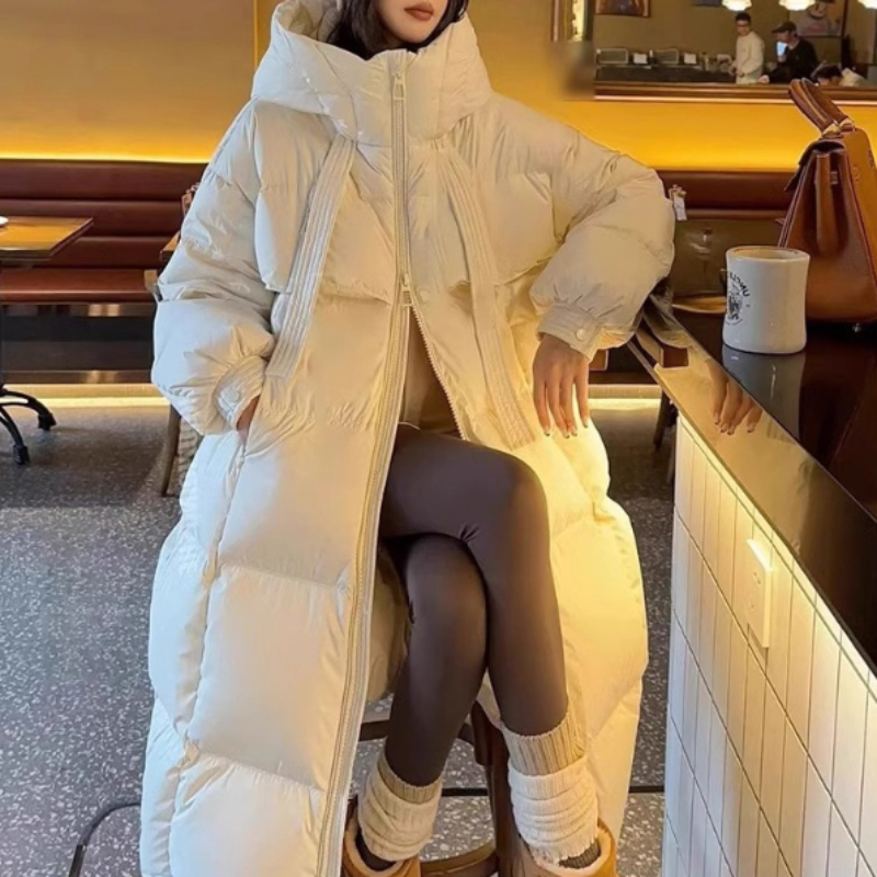 Moda longa feminina inverno para baixo jaqueta solta casacos com capuz engrossar quente pato branco para baixo jaqueta high-end parkas luz outwear