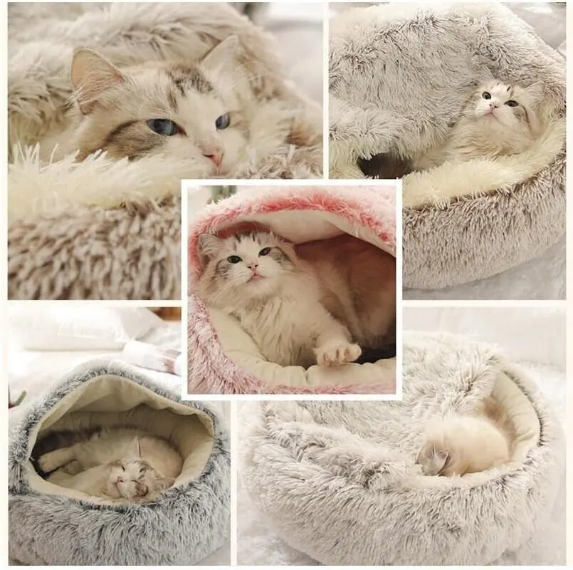 Rundes Plüsch-Katzenbett, Haustiermatratze, warm, weich, bequem, Korb für Katzen und Hunde, 2-in-1-Schlafsack, Nest für kleine Hunde