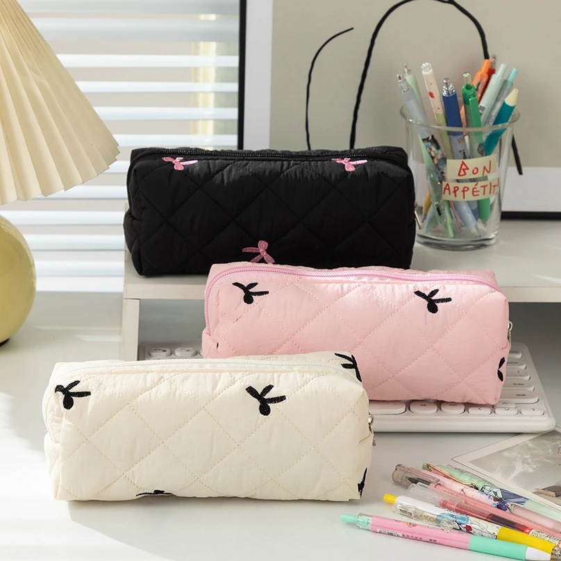 Estuche para lápices con lazo, estuche para lápices de regreso a la escuela, estuche para lápices suave de gran capacidad para niñas, estuche para lápices de papelería bonito