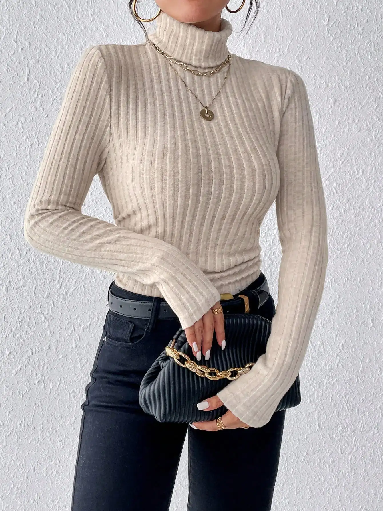 ฤดูใบไม้ร่วงและฤดูหนาวเซ็กซี่ Texture PIT Stripe Slim ถักแขนยาวผู้หญิงเสื้อยืดใหม่คอผู้หญิงเสื้อลําลองผู้หญิงเสื้อ