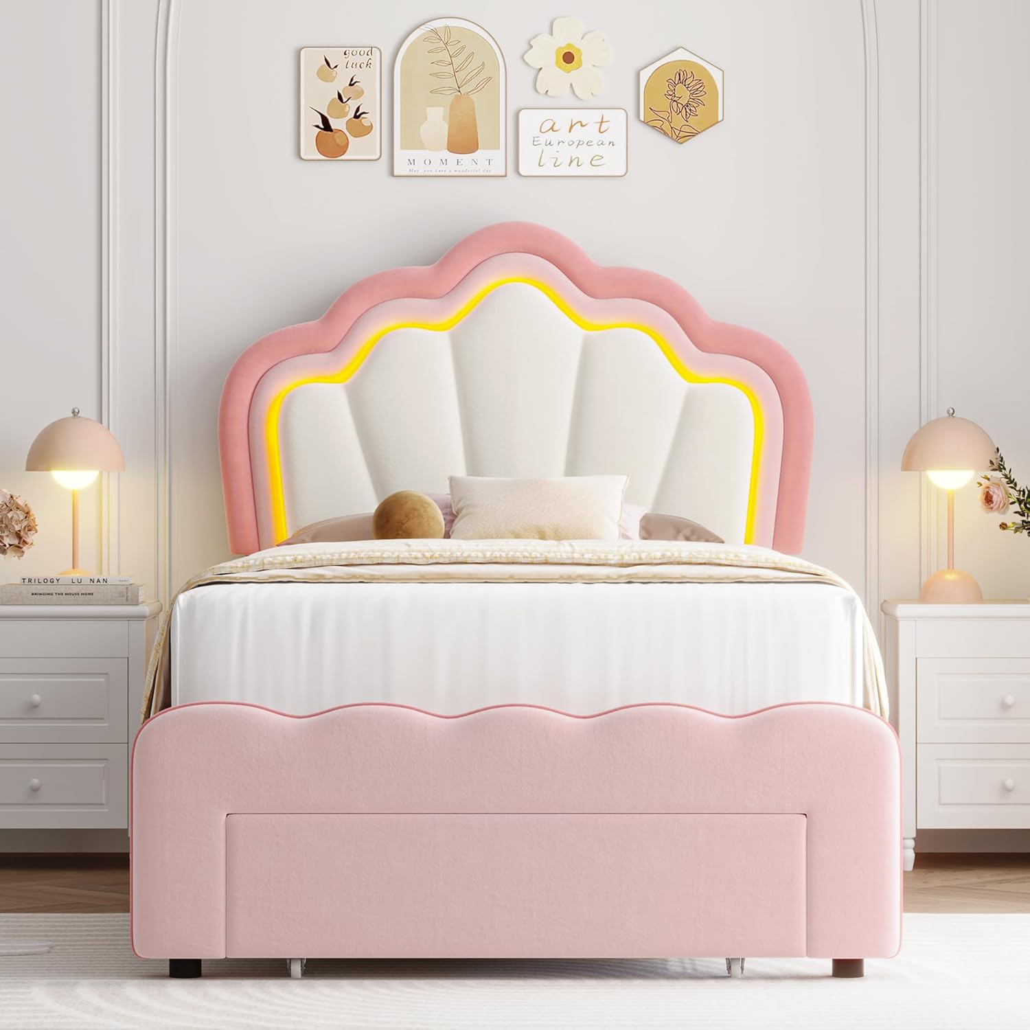 Twin Upholstered LED Bed Frame with Storage Drawer, Cute Girls Bed with Adjustable Lotus Headboard, Velvet Princess Platform Bed