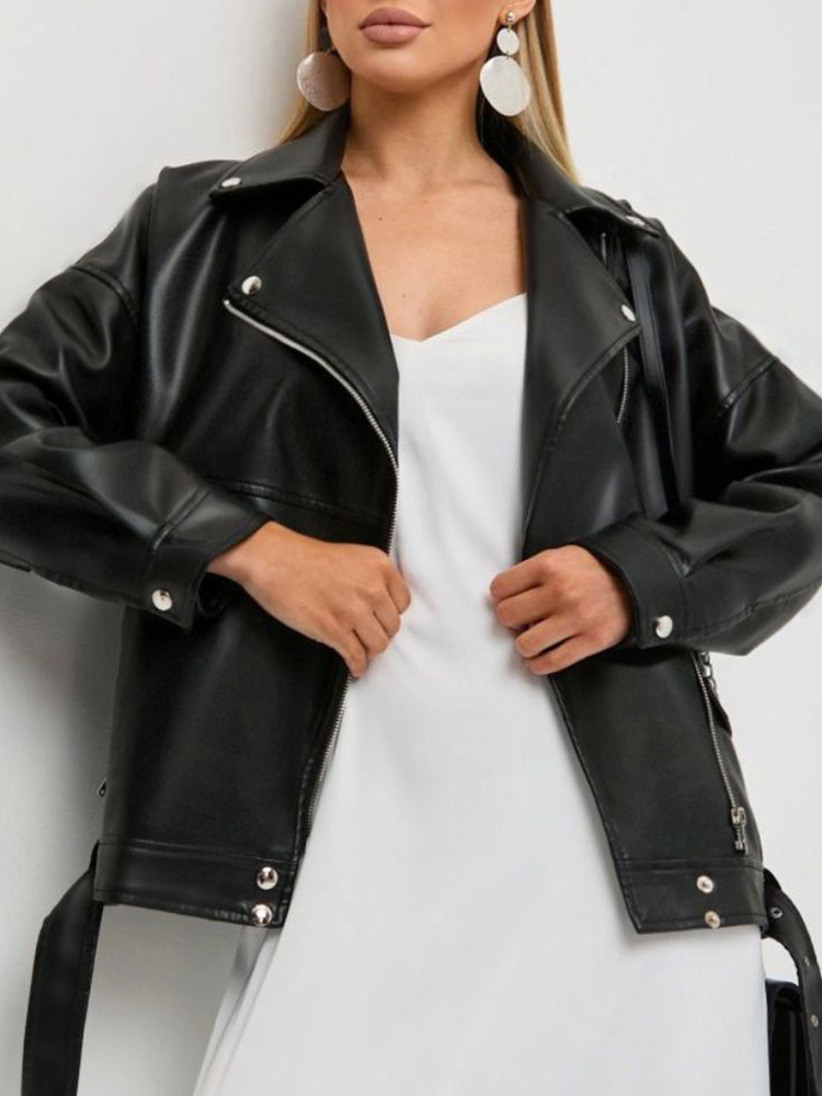 Ailegogo ストリート女性モトバイカールーズ黒 Pu フェイクレザージャケット春秋の女性のジッパーベルトコート生き抜く