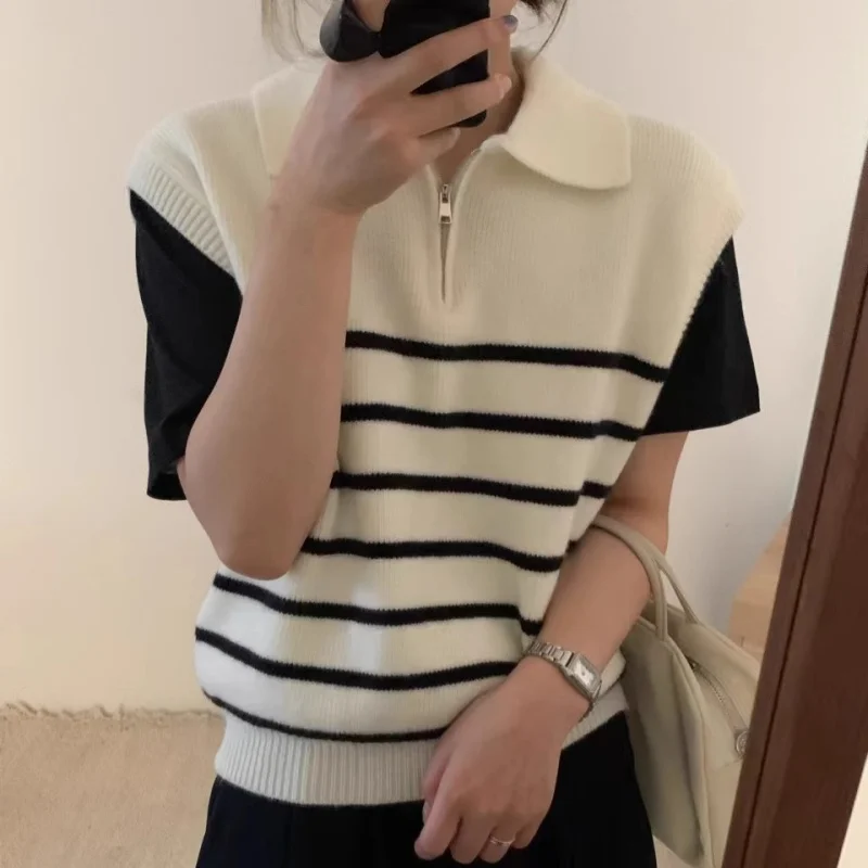 Retro Revers Rits Gestreept Gebreid Vest Vrouwen Herfst Winter Koreaanse Mode Mouwloze Truien Casual Eenvoudig Pullover Vest