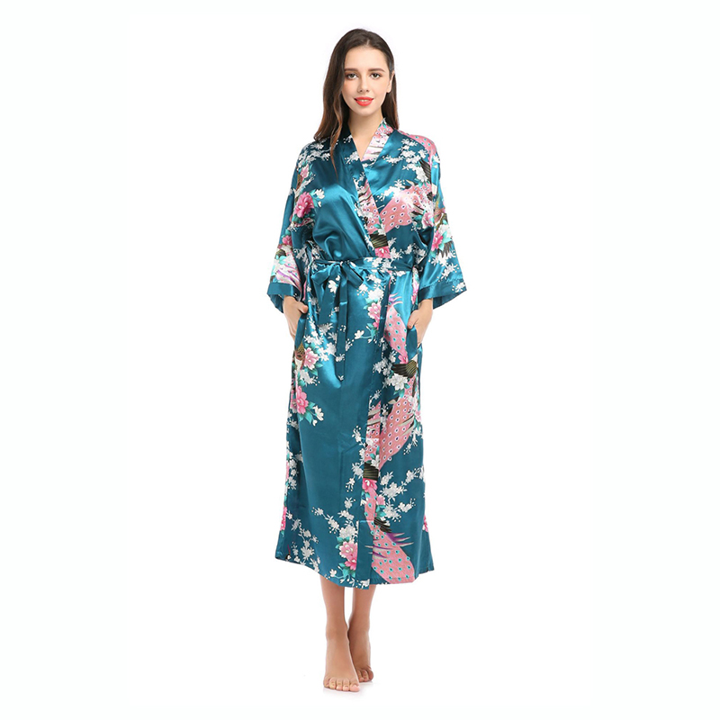 Batas tipo kimono de satén de seda para mujer, ropa de dormir larga, bata con estampado Floral de pavo real, albornoz para fiesta, boda, dama de honor