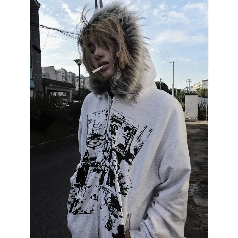 Amerikaanse Vintage Zwarte Nepbont Sweatshirts Vrouwen Brief Gedrukt Subcultuur Jassen met Capuchon Vrouwelijke Gothic Harajuku Jassen Y2k
