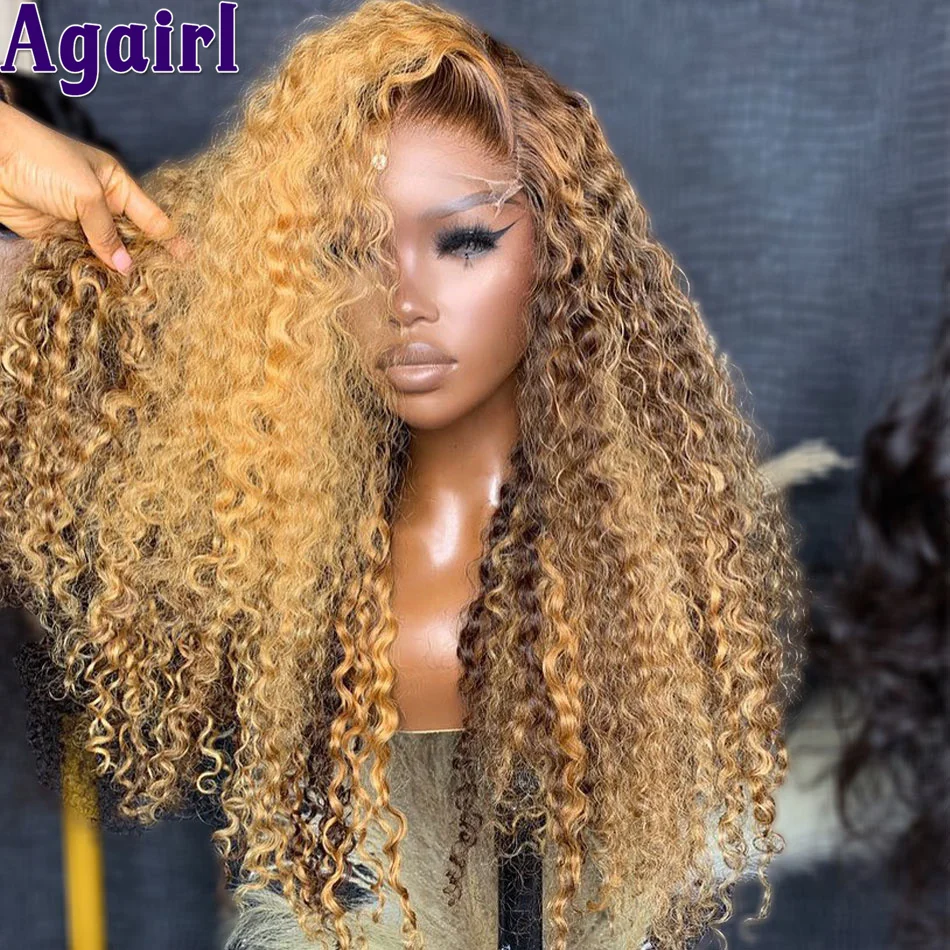 200% Ready Go Curlyวิกผมผมมนุษย์น้ําผึ้งสีบลอนด์สีน้ําตาล 13X6 Water Waveวิกผมลูกไม้ด้านหน้าด้านหน้าOmbreสีบลอนด์สีดํา 6X4 ปิดลูกไม้วิกผม