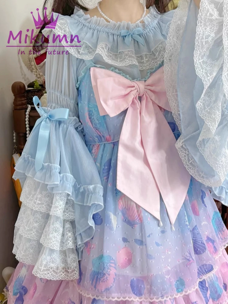 Mikumy เสื้อเบลาส์ฮาราจูกุสำหรับผู้หญิง, เสื้อเบลาส์แขนบานมีระบายมีโบว์ลูกไม้น่ารักสไตล์ญี่ปุ่นสำหรับ Y2k