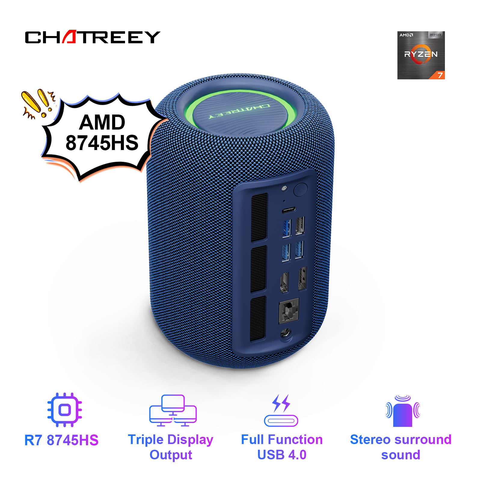 Chatreey Mini PC R7 8745HS Gaming Desktop Computer with WiFi 6/Bluetooth 5.2/HDMI/USB 4