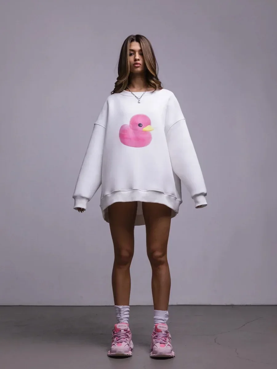 Bornladies Otoño Invierno cálido amarillo estampado de pato sudadera mujer suelta cuello redondo de gran tamaño cómodo de moda Casual sudaderas con capucha