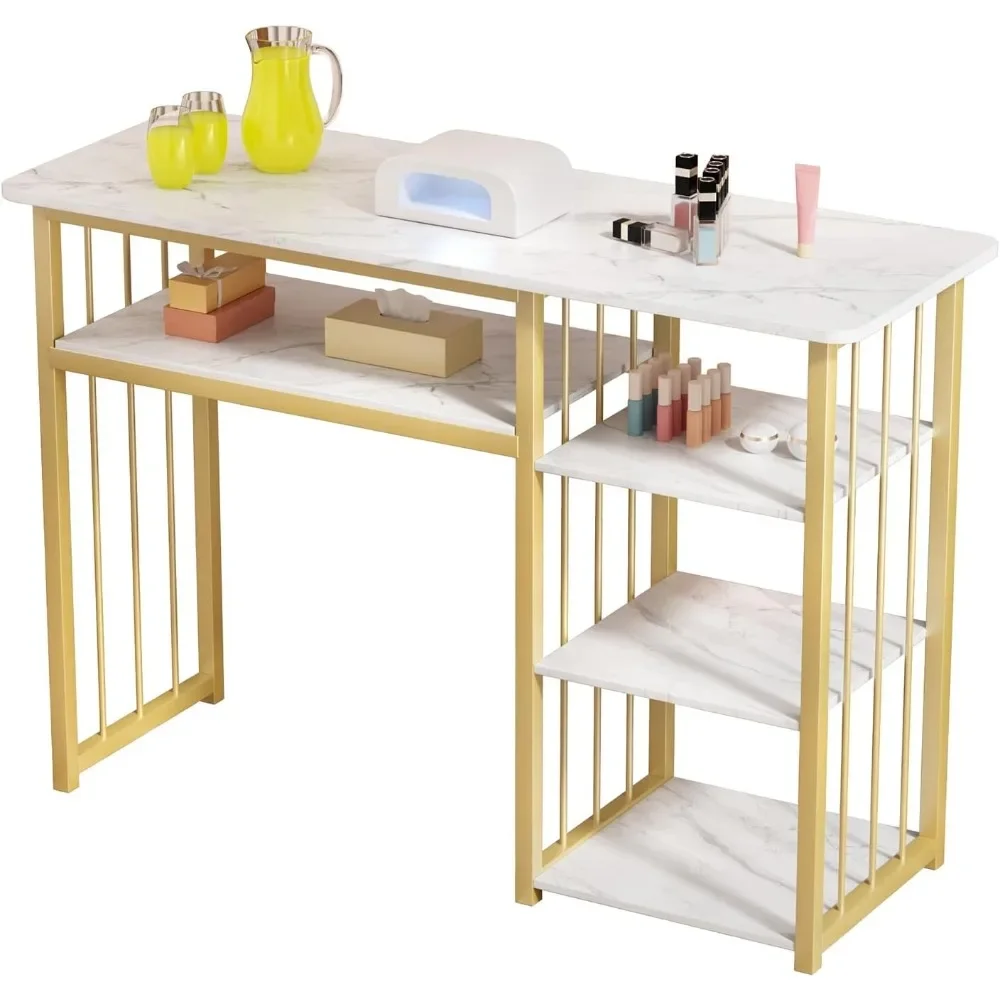 Portable Manicure Table Nail Desk,Nail Table Beauty Salon Tech Station Marbling Texture Manicure Desk with Multi Open Shelves