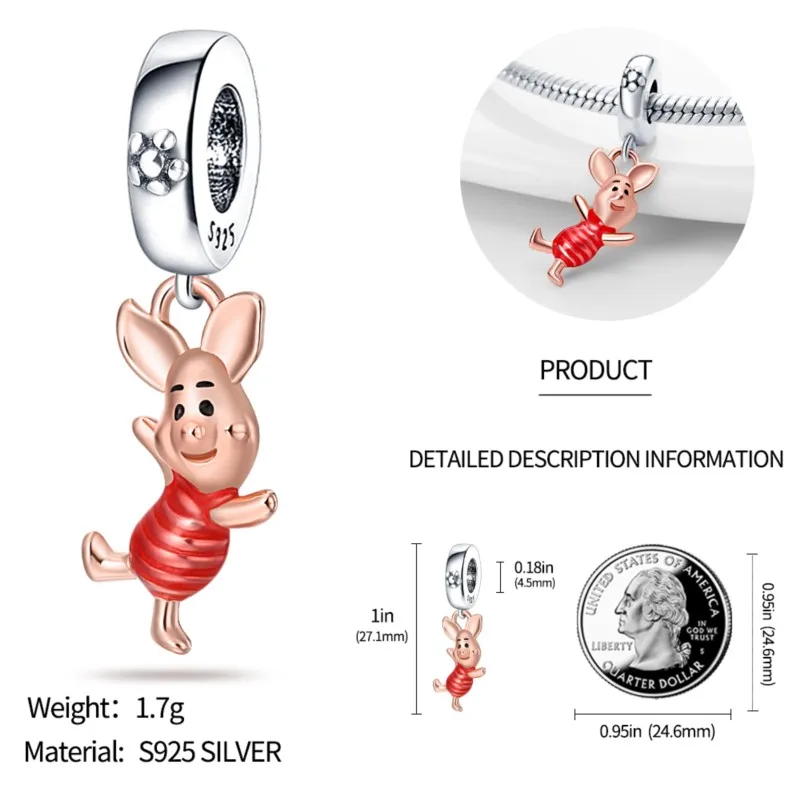 Vendita calda Charms Bead 925 Sterling Silver Cute Mini Piggy Ciondola Fit Bracciale Bracciale Collana Gioielli fai da te