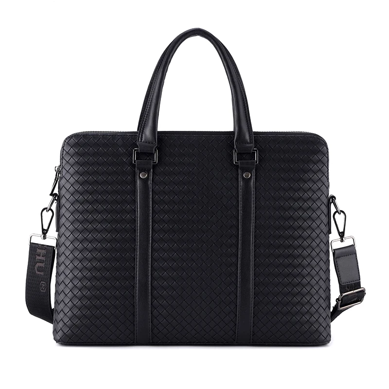 PVC Weave Briefcase Men'S Luxury Executive Vintage Laptop Double Layer Handbags Shoulder Business Casual Tote Document Bag