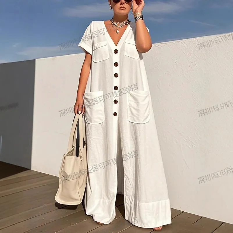 Neue Sommer V-ausschnitt einreiher frauen Overalls Mode Tasche Elegante Büro Strampler Beiläufige Lose Übergroßen Frauen Overall