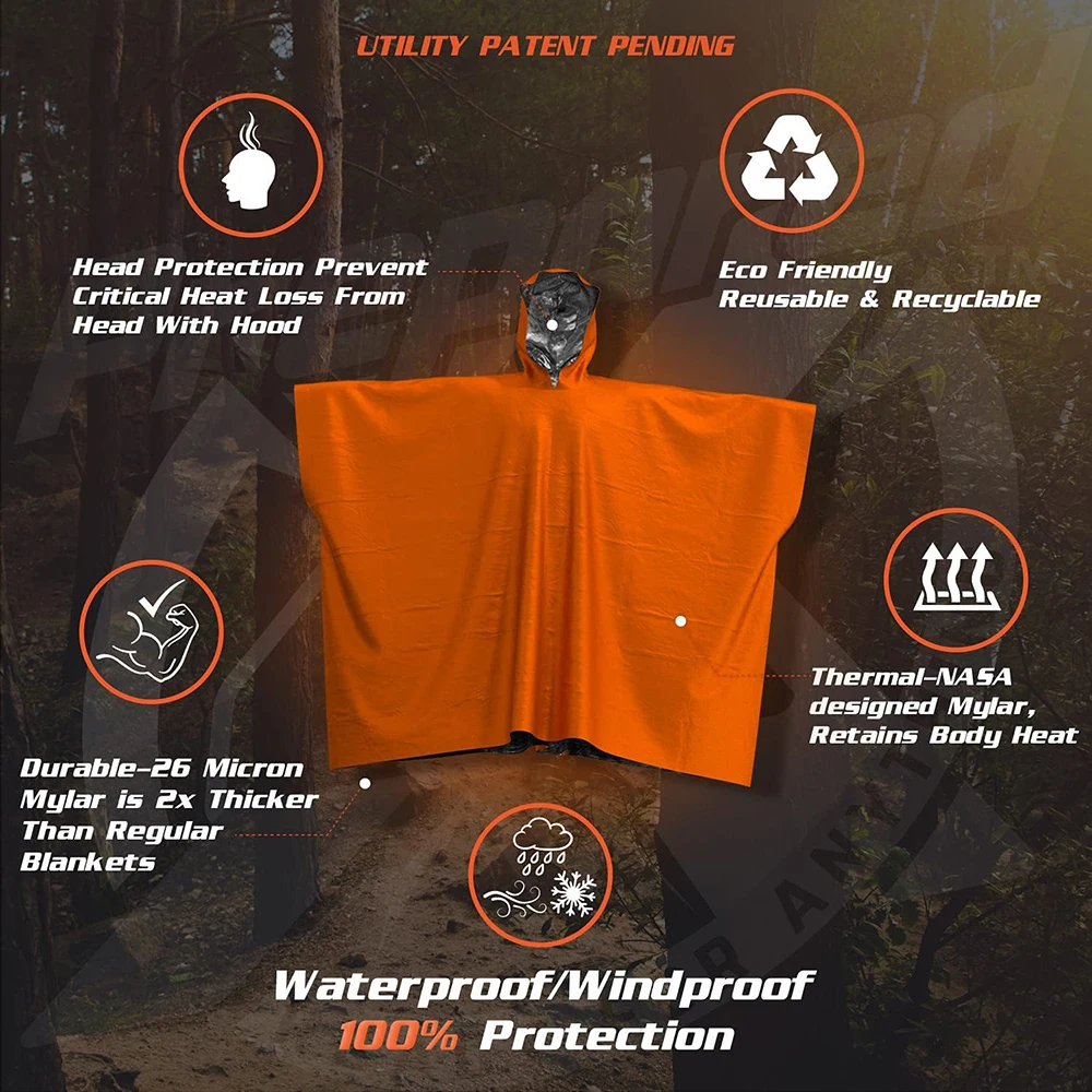 LIFE Poncho Notfall-Überlebens-Regenponcho, thermische Überlebensraumdecke, Regenmantel, wärmereflektierend, wasserdicht, für Camping, Wandern