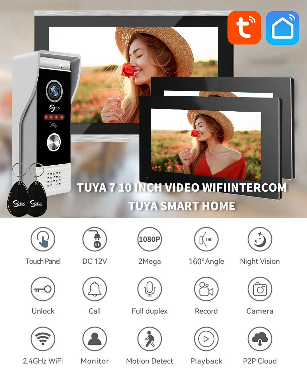 Видеодомофон для дома Tuya Smart Wi-Fi 1080P, металлический домофон 160 °   Камера, 7-дюймовый 10 сенсорных экранов