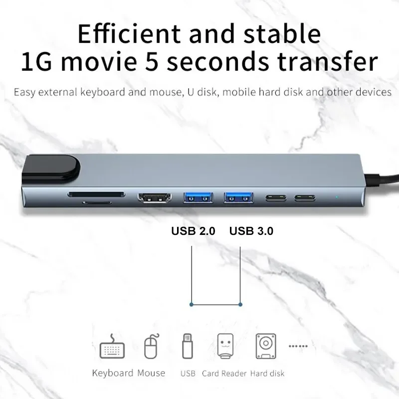 Fast Charge for MacBook Laptop USB 8-in-1 Type-C Hub Adapter with SD/TF Card Reader RJ45 PD