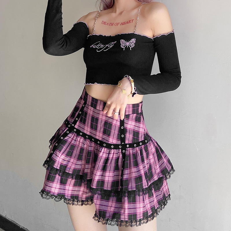 Lolita Cake Mini spódniczki Gothic Japanese Harajuku Girls Purple Pink Plaid Pleated Skirt Punk Sweet Lace Kawaii Cosplay Costume