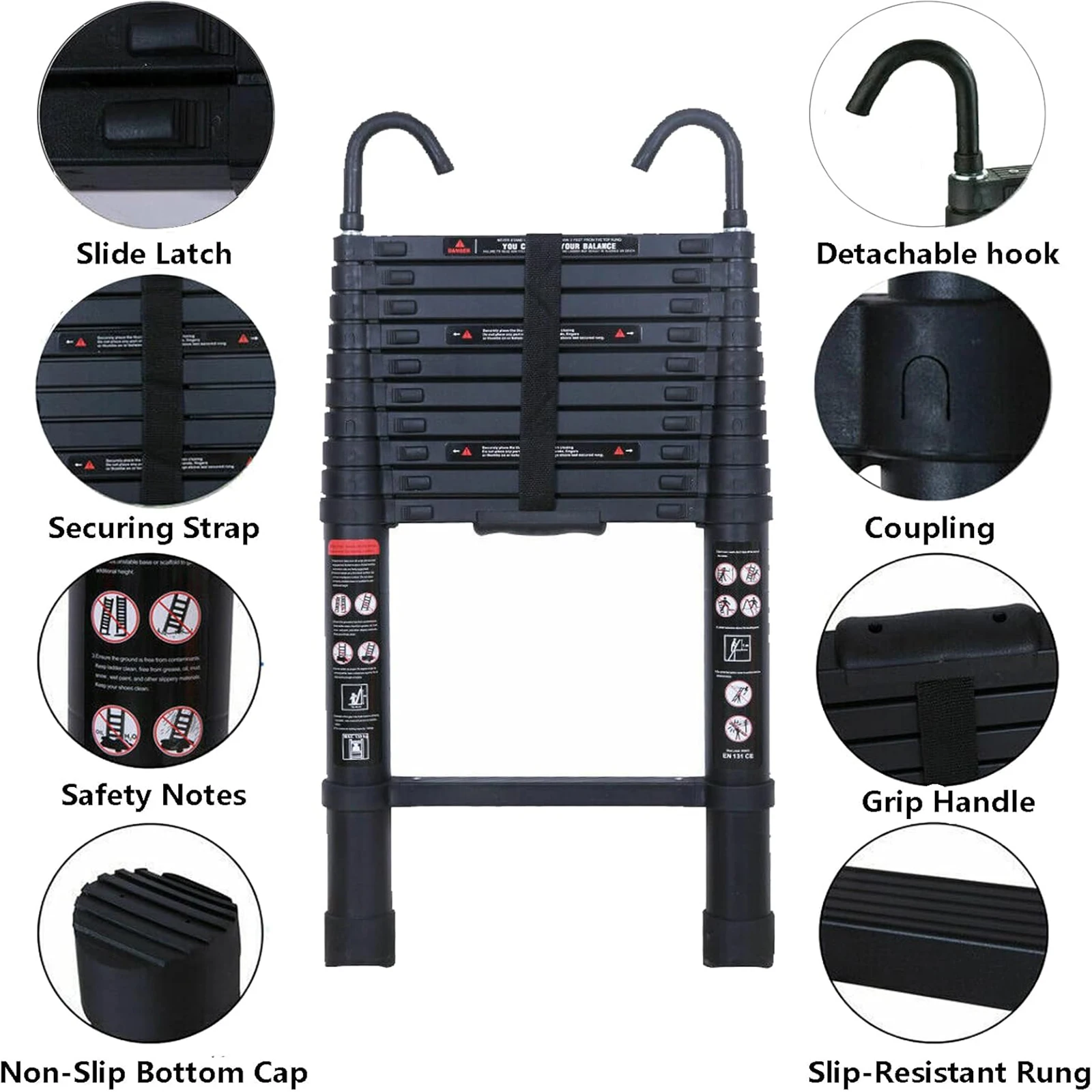 6.2M/20.3FT Telescopic Ladder Aluminum with Removable Hook for Purpose Loft Attic Extendable Ladder 330lbs/150kg EN131 Standard