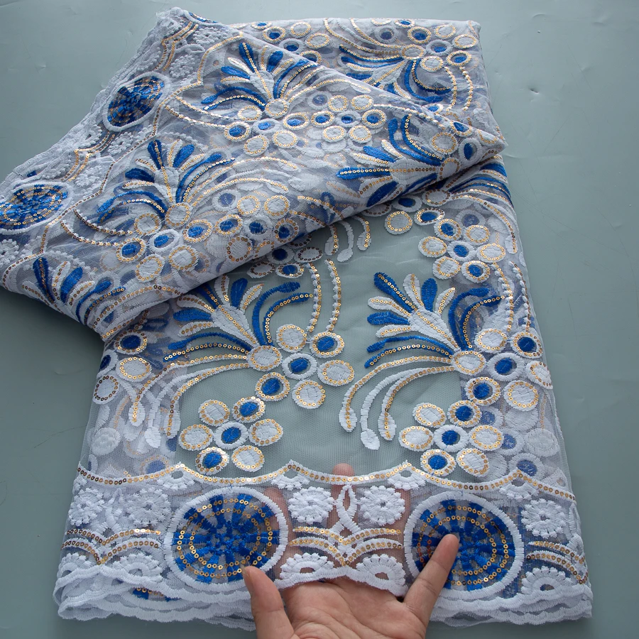 Blauer afrikanischer Spitzenstoff 2025, hochwertiger Mesh-Tüll-Spitzenstoff mit Pailletten, französischer Luxus-Brautkleid-Stickerei, 5 Yard, Netzmaterial