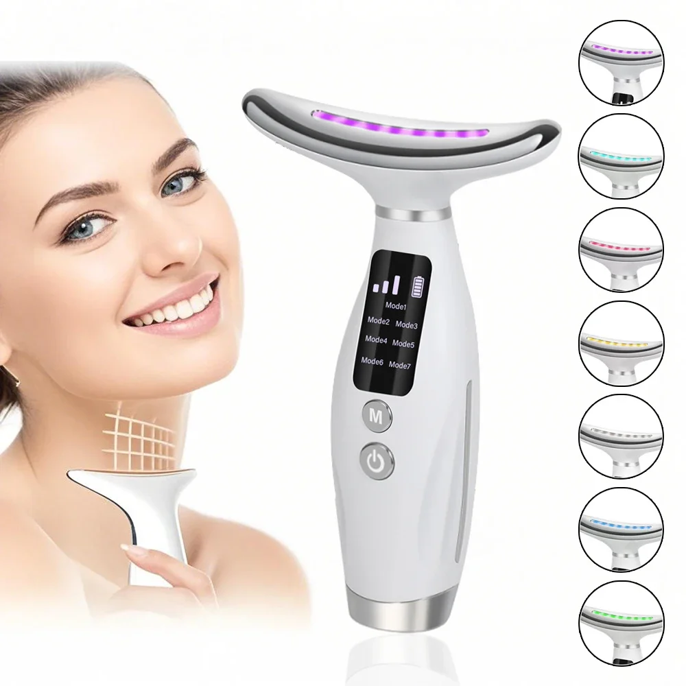 Dispositivo de beleza facial com microcorrente EMS, massageador facial de 7 cores para cuidados aprimorados de rosto, pescoço e ombros com vibração