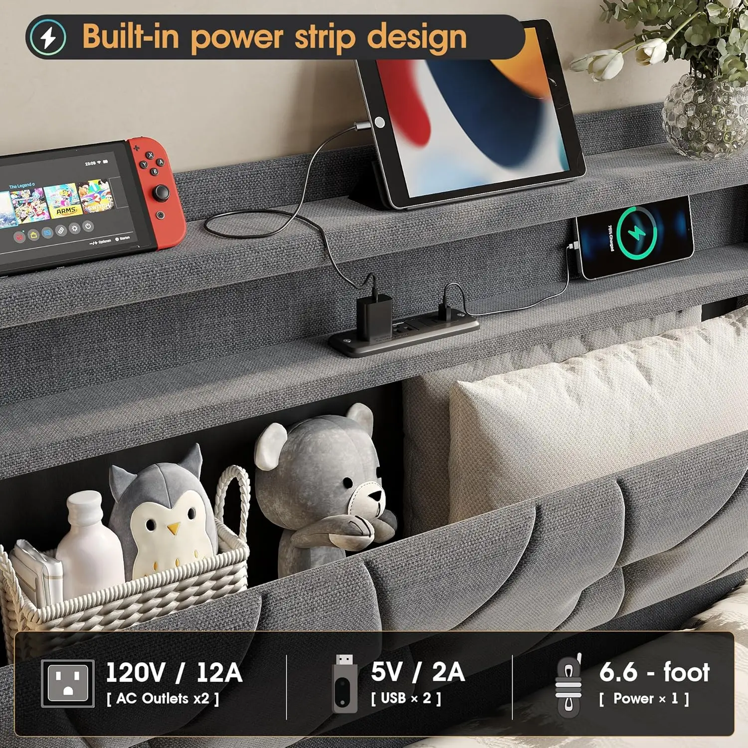Twin Size Lift Up Storage Bed Frame, Storage Headboard with Charging Station, LED Lights Upholstered Platform Bed