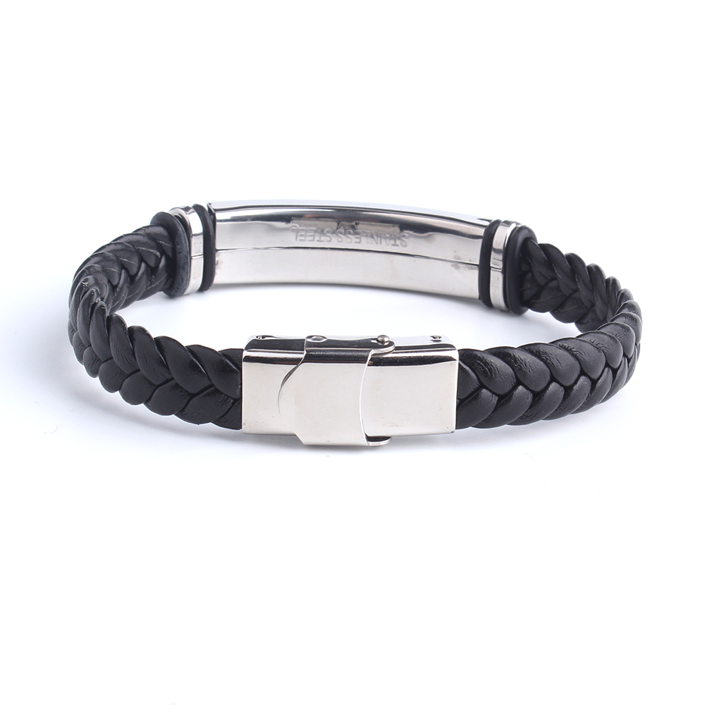 Brazalete y pulsera de cuero con texto grabado de nombre y logotipo personalizado Punk SOS, pulseras de acero inoxidable personalizadas para mujeres y hombres, pulsera de identificación