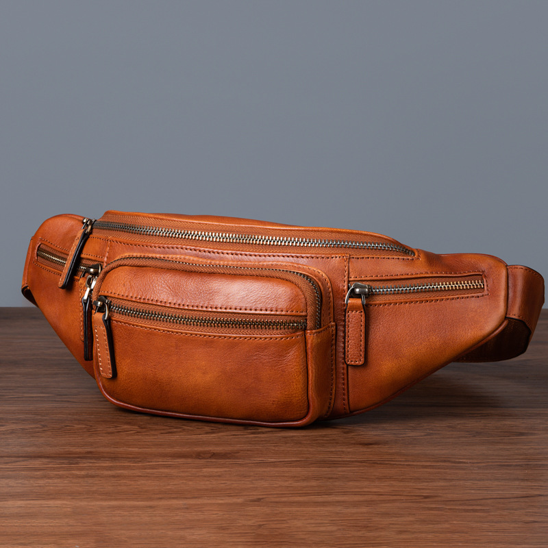 Riñonera de piel de vaca auténtica para hombre, bolso de hombro con bolsillos múltiples, Vintage