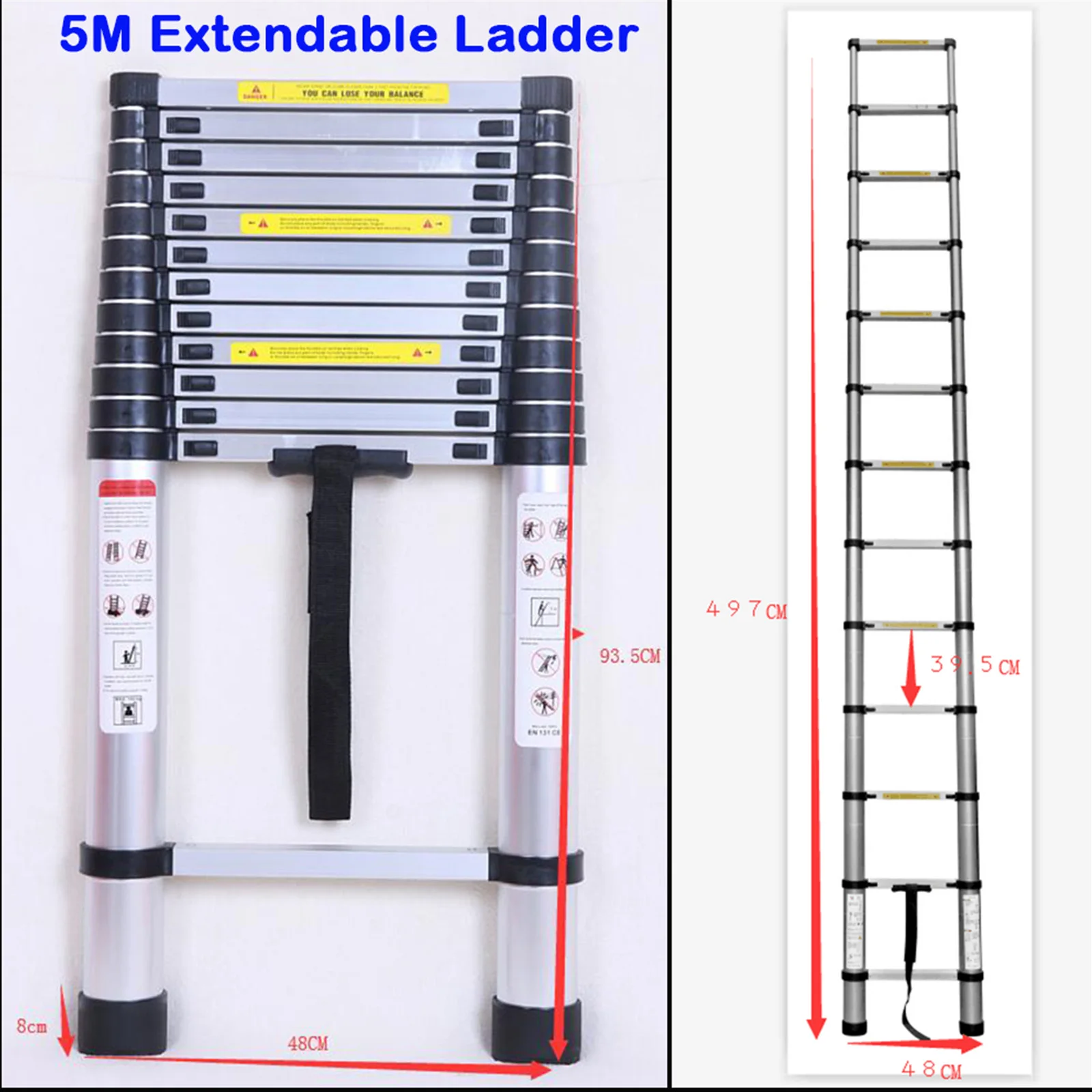 DayPlus 5m Telescopic Ladder 16.4ft Multi-Purpose Aluminum Lightweight Folding ladder Non-Slip Extendable Sturdy Home Loft Tool