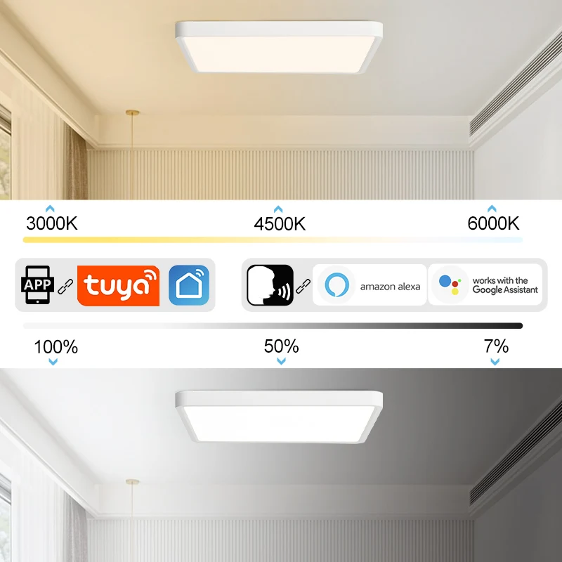 MARPOU Tuya Smart LED Deckenleuchte Holzmaserung App Sprachsteuerung Alexa/Google Fernbedienung Quadratische Deckenleuchten Wohnzimmer