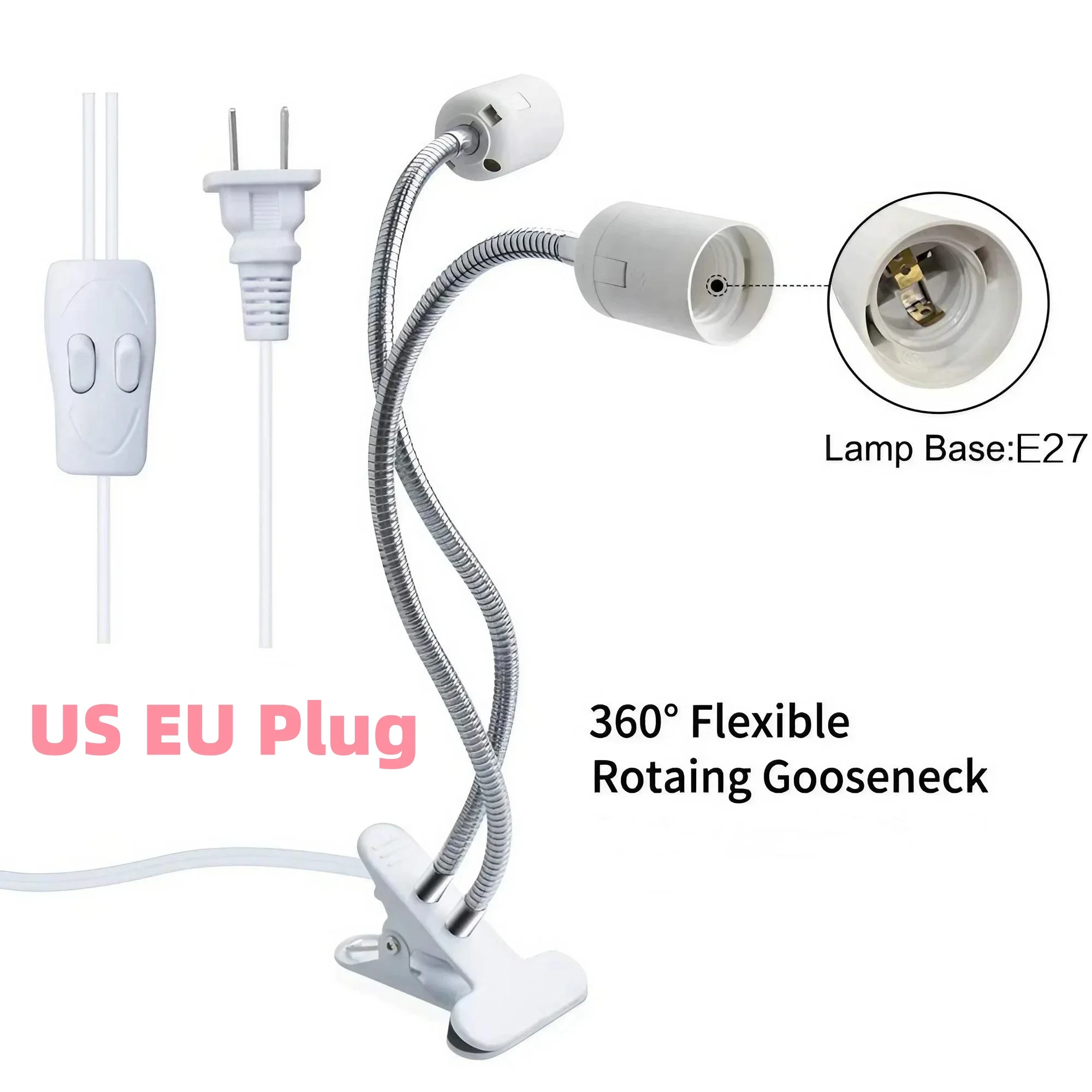 Suporte flexível para lâmpada de mesa, 360 graus, e27, ue, eua, base de luz, soquete de extremidade única/dupla, pescoço de ganso, cabo com interruptor