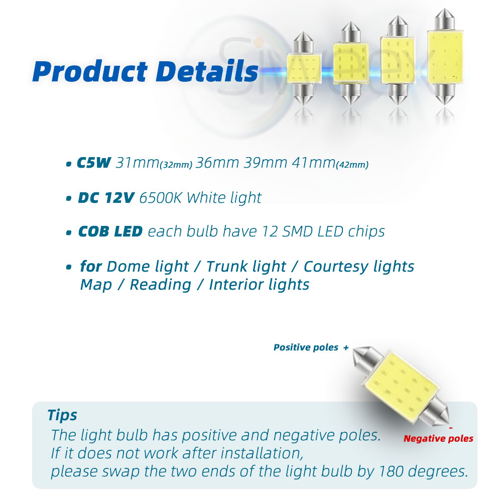 C5W C10W 31Mm 36Mm 39Mm 41Mm/42Mm Dome Festoon COB LED Xe Reading Nội Thất đèn Giấy Phép Mảng Trắng Màu Xanh DC 12V
