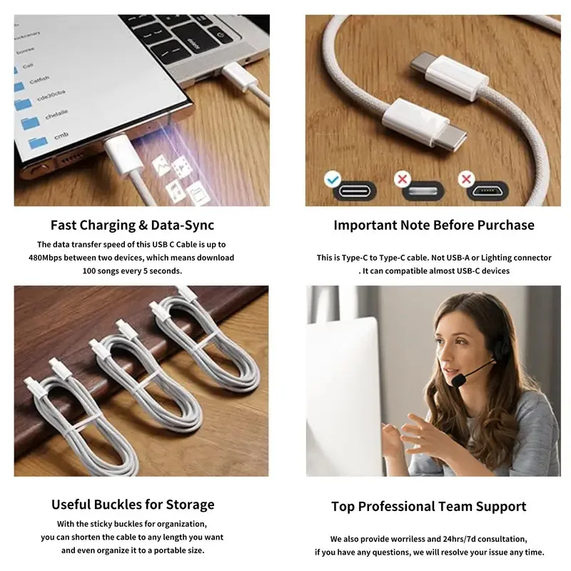 สายชาร์จเร็ว Type C to Type C สีสันสดใส สำหรับ Apple iPhone16 PD 60W รองรับ Huawei Xiaomi Samsung สายถักแบบ Type C อุปกรณ์เสริม