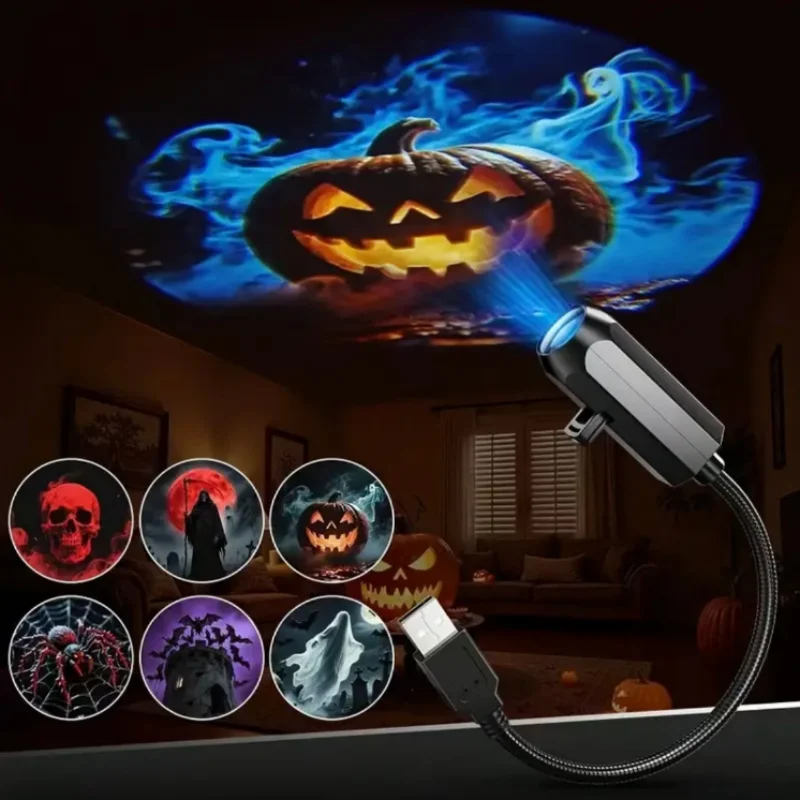 Projektor LED USB z 6 wzorami projekcji - Regulowane lampki nocne USB do dekoracji na Halloween