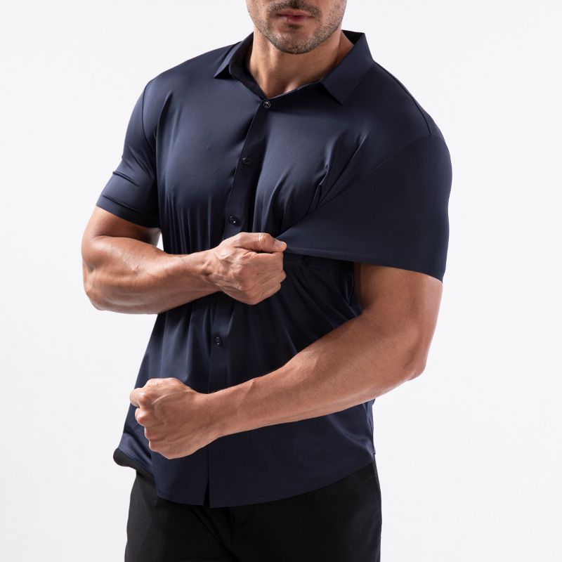 High Quality Summer Business Shirts For Men Short Sleeve Button Wrinkle Free Elasticity Social Black Office Dress Shirts US Size